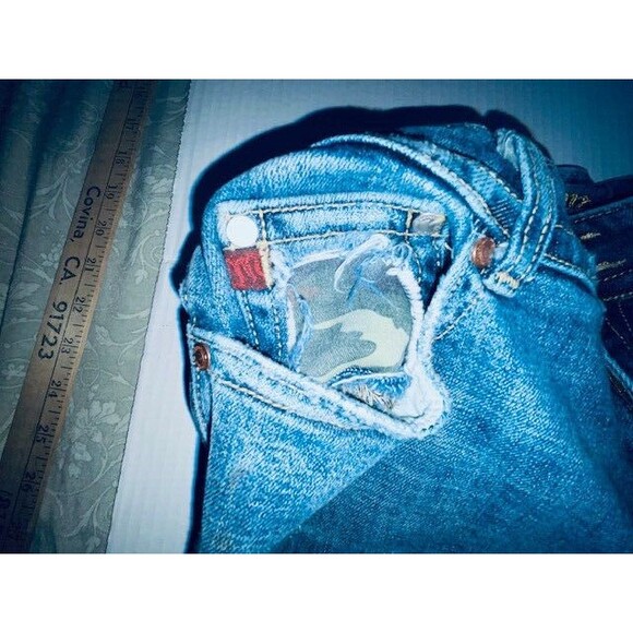 Miss Me Jeans Women's Sz 31 Blue Camo Denim Boot Cut Embellished Distressed Flap - Picture 13 of 16